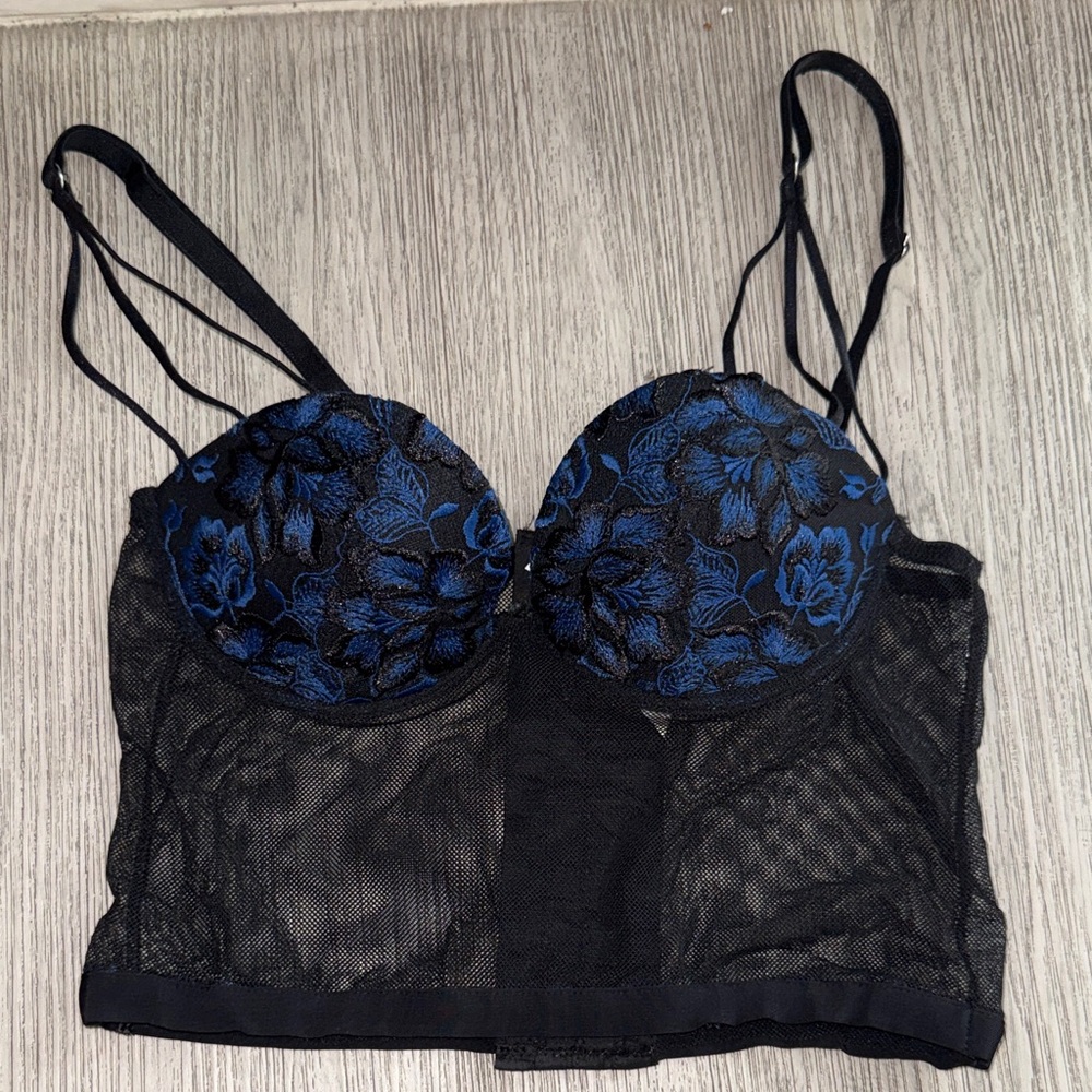 intimissimi Black Longline Bralette with Blue Floral Lace